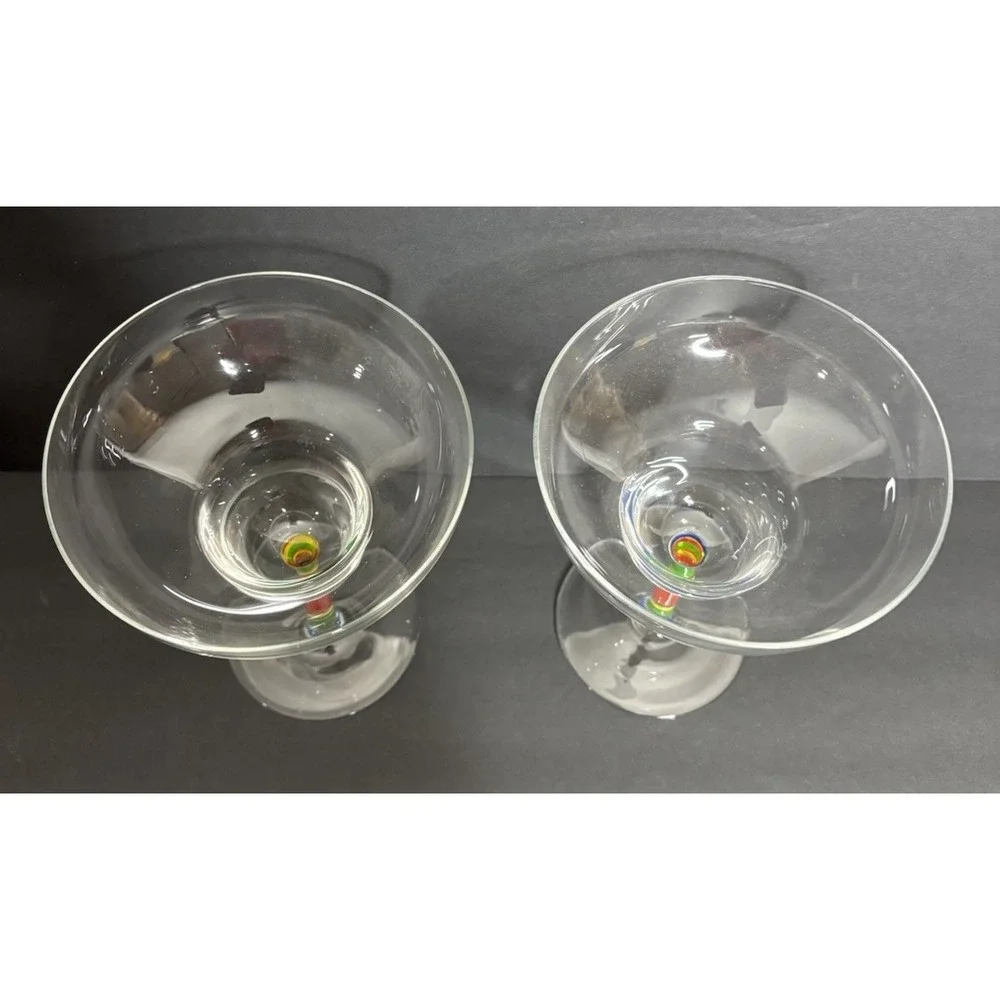 2 Margarita Glasses Multi-Colored Hand Painted Rainbow Stem Hand Blown